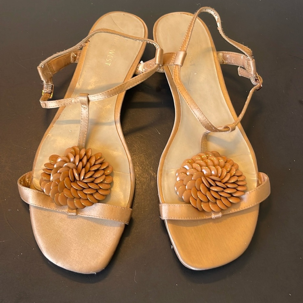 Nine West T Strap Embellished Accent Silk Tiny Heels Sandals. DM